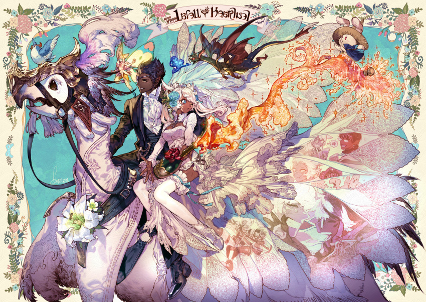 1boy 1girl absurdres animal_ears blue_eyes breasts bridal_veil cat_ears chocobo cleavage dark_skin dress elezen elf eos_(ff14) eyepatch final_fantasy final_fantasy_xiv flower highres medium_breasts midgardsormr miqo'te pigeon666 pointy_ears riding thighhighs veil wedding_dress