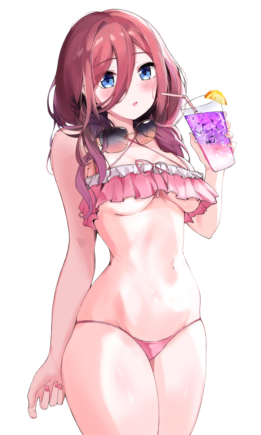 1girl absurdres bare_arms bare_shoulders bikini blue_eyes blush breasts cowboy_shot cup drink drinking_glass eyewear_around_neck food frilled_bikini frills fruit go-toubun_no_hanayome hair_between_eyes hido_(meori_apu_da) highres holding holding_cup ice ice_cube lemon lemon_slice long_hair looking_at_viewer medium_breasts nail_polish nakano_miku navel parted_lips pink_bikini pink_nails red_hair skindentation solo stomach sunglasses swimsuit underboob