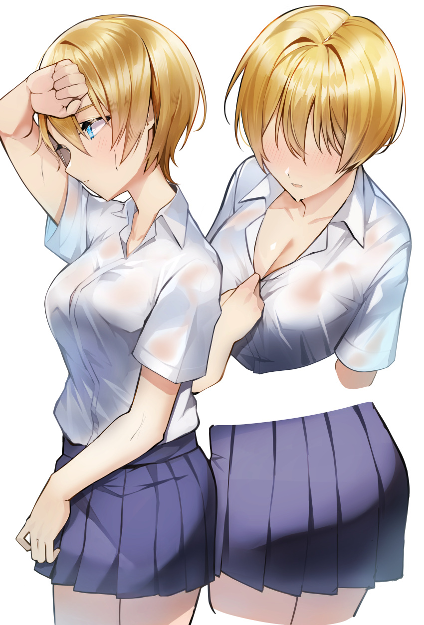 1girl absurdres alternate_costume apex_legends blonde_hair blue_eyes blue_skirt blush clothes_pull collarbone collared_shirt from_above from_side hand_on_forehead highres huge_filesize multiple_views nitogebeto open_mouth school_uniform shirt shirt_pull shirt_tucked_in skirt sweat wattson_(apex_legends) wet wet_clothes wet_shirt white_background