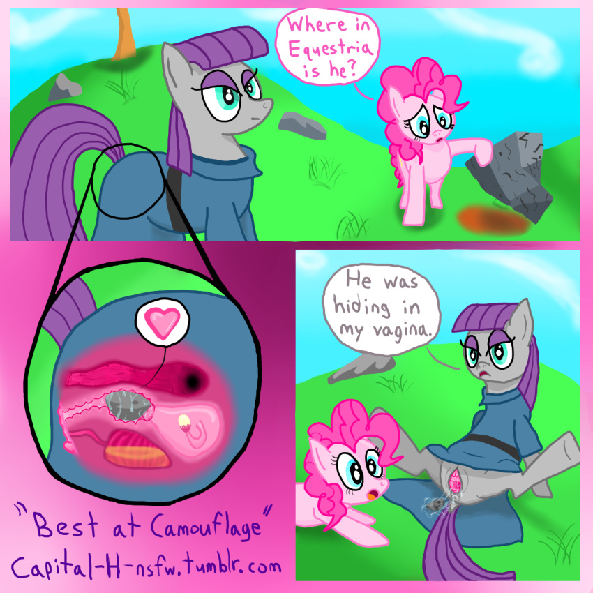 &lt;3 capital-h comic dialogue duo earth_pony equid equine female feral friendship_is_magic gaping gaping_pussy genitals hi_res horse mammal maud_pie_(mlp) my_little_pony nude pinkie_pie_(mlp) pony pussy rock sibling sister sisters