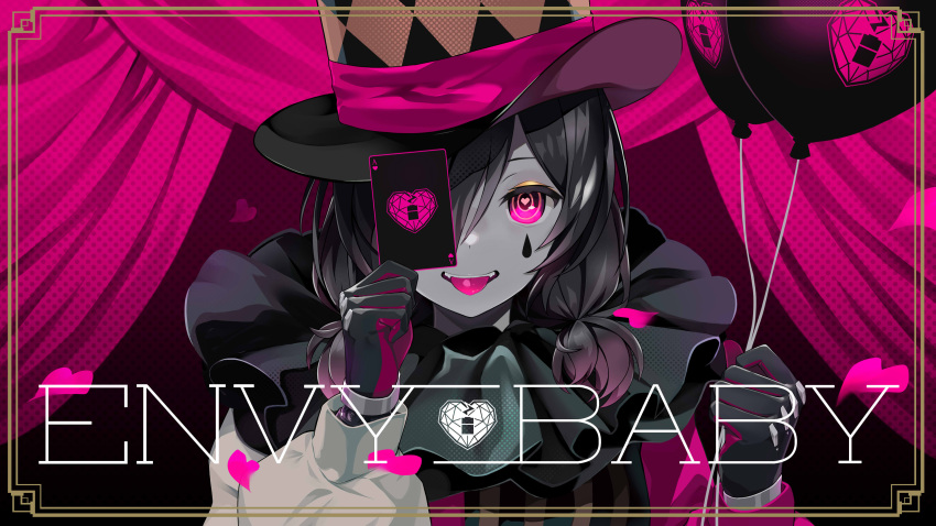 1girl absurdres ace_of_hearts balloon bangs black_hair card clown commentary_request confetti curtains english_text envy_baby_(vocaloid) hat heart heart-shaped_pupils highres holding holding_balloon holding_playing_card hololive long_sleeves looking_at_viewer mismatched_sleeves neck_ruff official_art pink_curtains pink_eyes pink_theme playing_card puffy_long_sleeves puffy_sleeves roboco-san satobitob second-party_source solo song_name stage stage_curtains symbol-shaped_pupils teeth tongue tongue_out top_hat virtual_youtuber