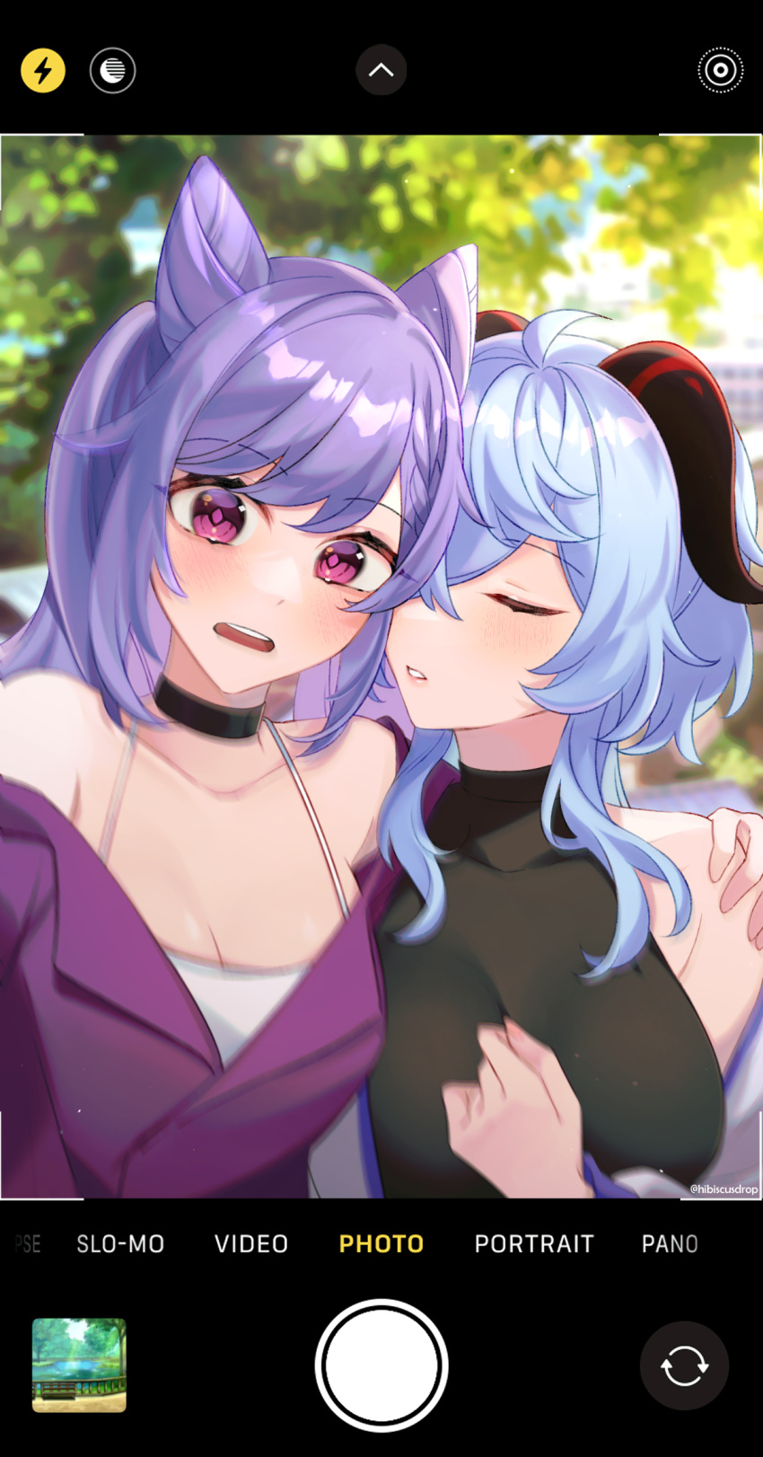 2girls bare_shoulders blue_hair breasts casual cheek_kiss choker cleavage closed_eyes collarbone couple day double_bun earrings ganyu_(genshin_impact) genshin_impact hair_bun hand_on_another's_shoulder hand_on_own_chest highres horns jewelry keqing_(genshin_impact) kiss looking_at_viewer medium_breasts multiple_girls off_shoulder open_mouth parted_lips phone_screen purple_eyes selfie shirt sleeveless sleeveless_shirt smile surprised tana_(tanabio) tank_top tree turtleneck twintails upper_body white_tank_top yuri