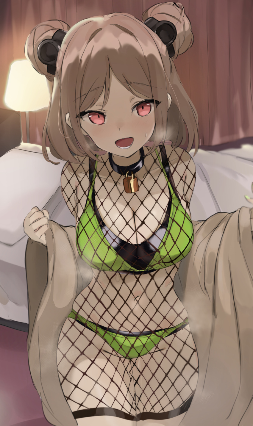 1girl :d bed bedroom bikini black_choker blanket breasts breath brown_hair choker cleavage cowboy_shot double_bun fishnets girls_frontline green_bikini hair_ornament highres indoors lampshade large_breasts long_hair looking_at_viewer navel open_mouth p90_(girls_frontline) red_eyes sabashi smile solo steam stomach swimsuit thighs