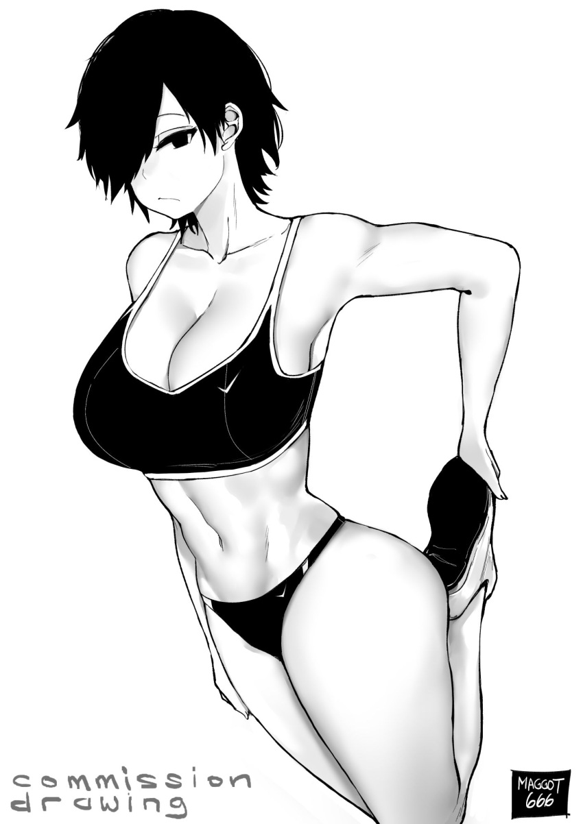 1girl abs bare_shoulders breasts cleavage closed_mouth commission from_above greyscale hair_over_one_eye highres large_breasts monochrome navel norman_maggot original short_hair sports_bra stretch thighs track_uniform white_footwear