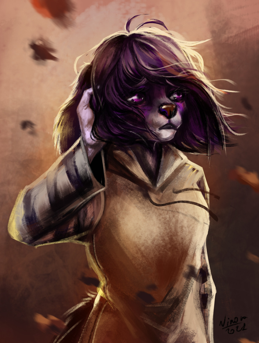 absurd_res anthro autumn bloot_(bloot) canid canine canis clothed clothing domestic_dog emo female hi_res hoodie leaf mammal melancholic nature nature_background ninora-art outside sad solo topwear wind
