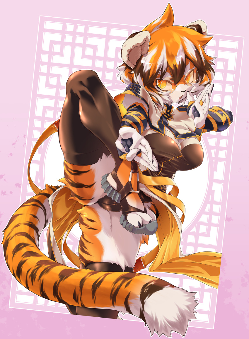 2021 5_fingers amber_eyes anthro arknights armwear asian_clothing big_breasts black_nose breasts bridal_gauntlets brown_body brown_fur brown_hair camel_toe chinese_clothing chinese_dress claws cleavage clothed clothing dress east_asian_clothing eyewear feet felid female finger_claws fingers footwear fur glasses hair hi_res hypergryph kemono legwear looking_at_viewer mammal multicolored_body multicolored_ears multicolored_fur multicolored_hair multicolored_tail on_one_leg orange_body orange_fur orange_hair pantherine pawpads paws pose short_hair solo spread_legs spreading standing studio_montagne takura_mahiro thigh_highs tiger toe_claws toes video_games waaifu_(arknights) white_body white_fur white_hair