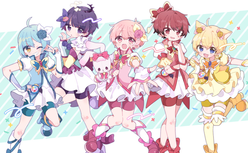 aeruusa all_male alun_(puridamu) animal_ears bike_shorts blonde_hair blue_eyes blue_hair boots cat_smile dress garter group kneehighs male napi_(puridamu) natsuki_(puridamu) pink_eyes pink_hair puridamu purple_eyes purple_hair red_eyes red_hair short_hair shorts tagme_(character) trap wink yellow_eyes