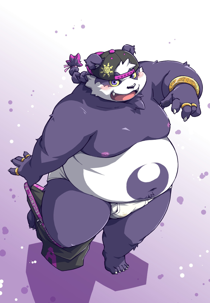 2021 absurd_res alp_(tas) anthro belly big_belly blush bottomwear clothing fur giant_panda hat headgear headwear hi_res humanoid_hands kemono male mammal moobs nipples overweight overweight_anthro overweight_male purple_body purple_eyes purple_fur shorts solo takagi_kyou tokyo_afterschool_summoners underwear undressing ursid video_games white_body white_fur