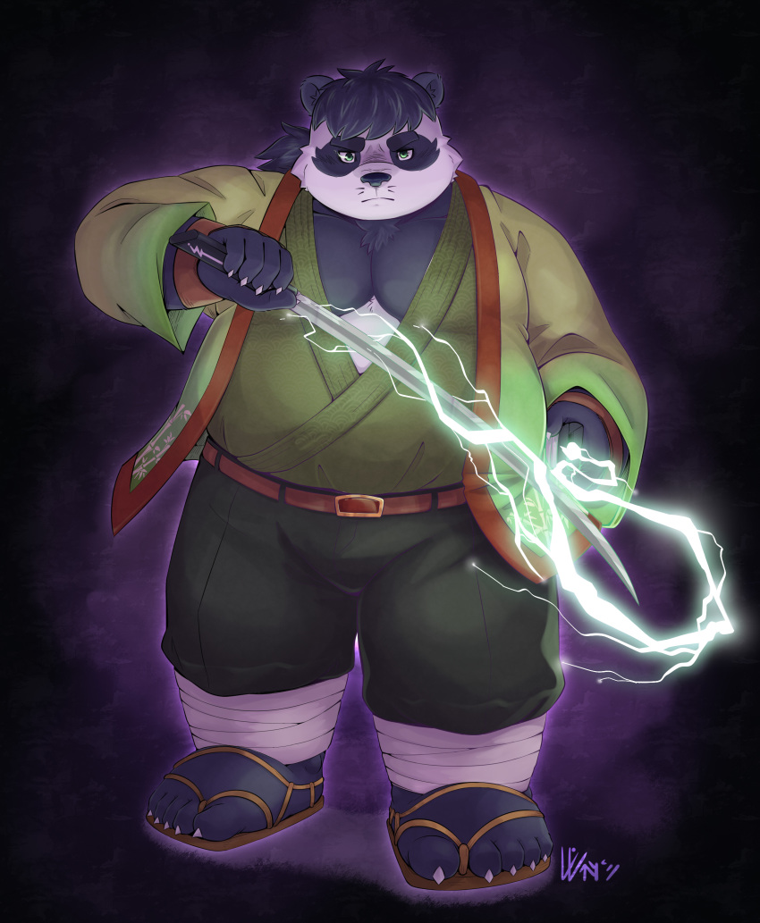 2021 absurd_res anthro aotoaka belly big_belly black_body black_fur black_hair black_nose bottomwear clothing footwear fur giant_panda green_eyes hair hi_res humanoid_hands kemono looking_at_viewer magic male mammal overweight overweight_anthro overweight_male pants sandals solo ursid weapon white_body white_fur