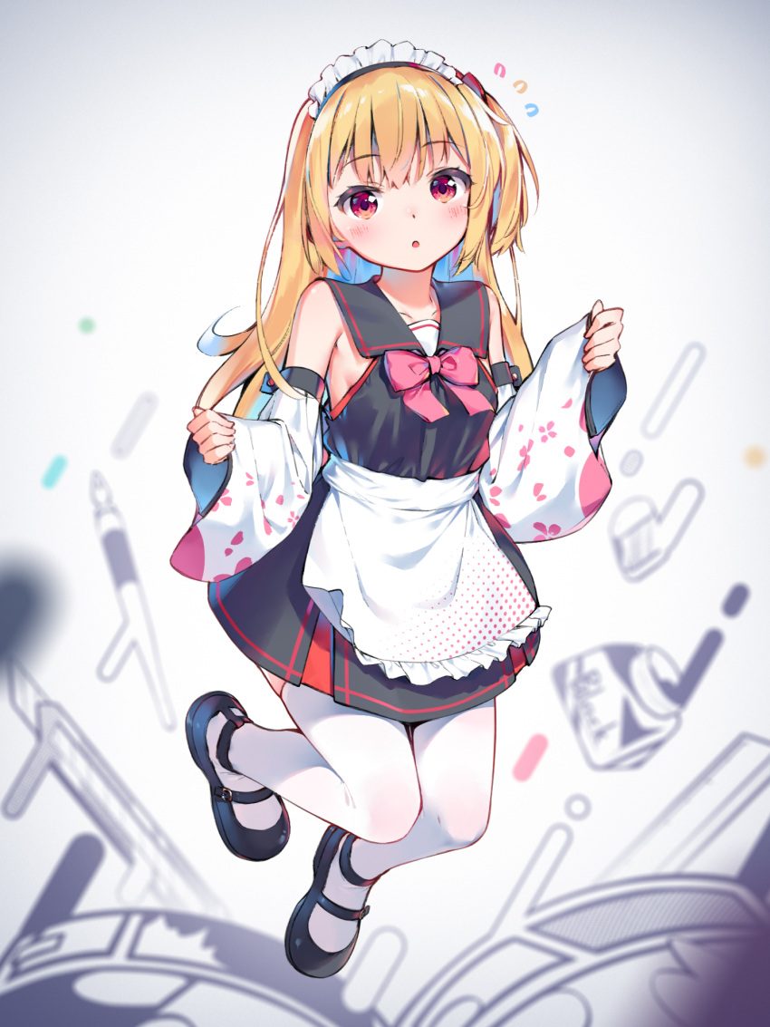 1girl apron bangs black_dress black_footwear blonde_hair blunt_bangs bow bowtie breasts coffeiz_p collarbone collared_dress colored_inner_hair detached_sleeves dress floral_print frilled_apron frills highres ink_bottle jumping knife light_blush long_hair looking_at_viewer maid maid_headdress multicolored_hair one_side_up open_mouth original pen pink_bow red_eyes short_dress side_ponytail sideboob sidelocks sleeveless sleeveless_dress sleeves_past_wrists small_breasts solo thighhighs two-tone_hair waist_apron white_background white_legwear wide_sleeves
