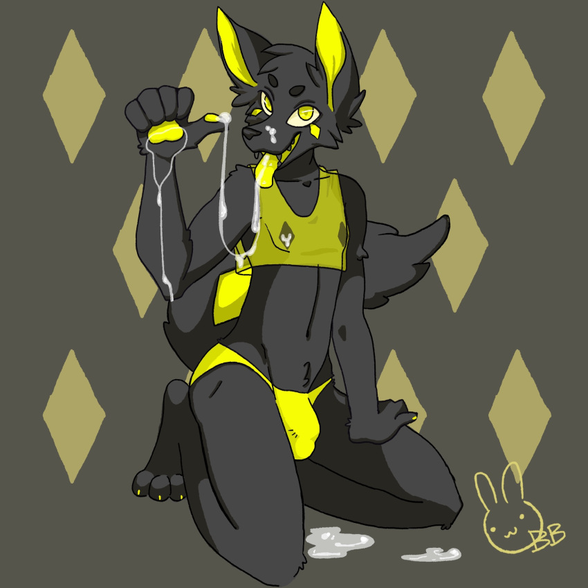 anthro bodily_fluids briefs bulge bunnyblanket canid canine canis clothing cropped_jacket cum cum_drip cum_drool cum_in_mouth cum_inside drinking drinking_cum dripping genital_fluids genital_outline hi_res invite kneeling looking_at_viewer male mammal penis_outline softdiamond solo tongue tongue_out tuft underwear wolf yellow_eyes yellow_tongue