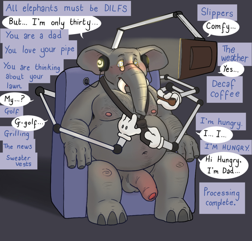 anthro blueballs brainwashing chair chubby_male daddy_kink daddyfication elephant elephantid foreskin furniture genitals half-erect headphones hypnosis male mammal mind_break mind_control monitor necktie penis personality_change proboscidean smoking_pipe solo spiral_eyes vacant_eyes