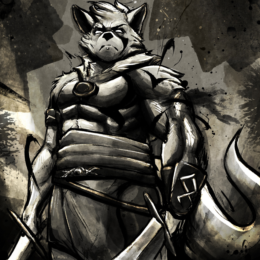 absurd_res amulet angry anthro armor athletic belt biceps bracers canid canine canis cheek_tuft clothed clothing digital_media_(artwork) facial_tuft far_beyond_the_world_(series) fierce fur hi_res ink_smears male mammal melee_weapon monochrome muscular neck_tuft painting_(artwork) piercing piilsud shoulder_tuft solo sword tano_(far_beyond_the_world) tattoo traditional_media_(artwork) tuft weapon white_body white_fur wolf