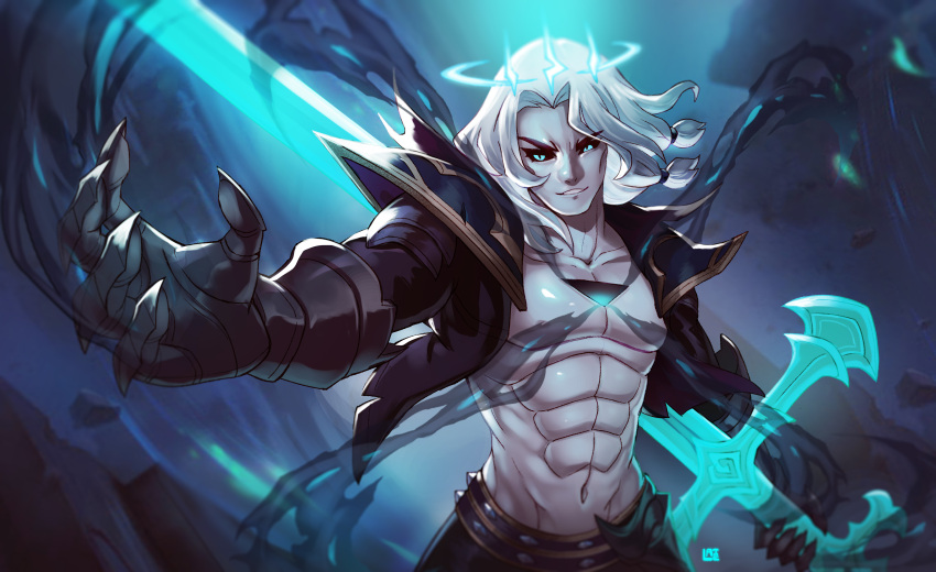 abs absurdres artist_name aura belt black_sclera colored_sclera crown evil_smile gloves glowing glowing_crystal glowing_sword glowing_weapon green_eyes highres jacket lataedelan league_of_legends midriff navel pants reaching_out short_hair smile smoke sword viego_(league_of_legends) weapon white_hair zweihander