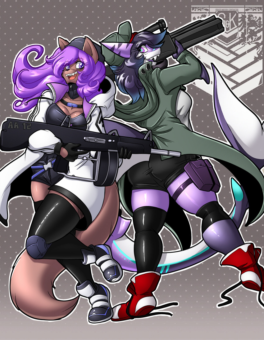 anthro avencri blue_hair brown_body brown_fur canid canine canis clothing domestic_dog duo female fish footwear fur gun hair hi_res holding_object holding_weapon long_hair looking_at_viewer looking_back mammal marine open_mouth open_smile purple_eyes purple_hair ranged_weapon rifle rose_(durandall) shark shoes shotgun simple_background smile weapon wolf