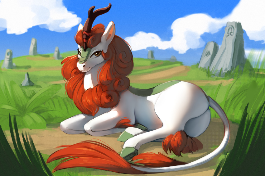 2021 asian_mythology autumn_blaze_(mlp) butt chinese_mythology cloud detailed_background east_asian_mythology female feral friendship_is_magic gela-g-i-s-gela hasbro hi_res hooves horn kirin looking_at_viewer my_little_pony mythology outside smile solo