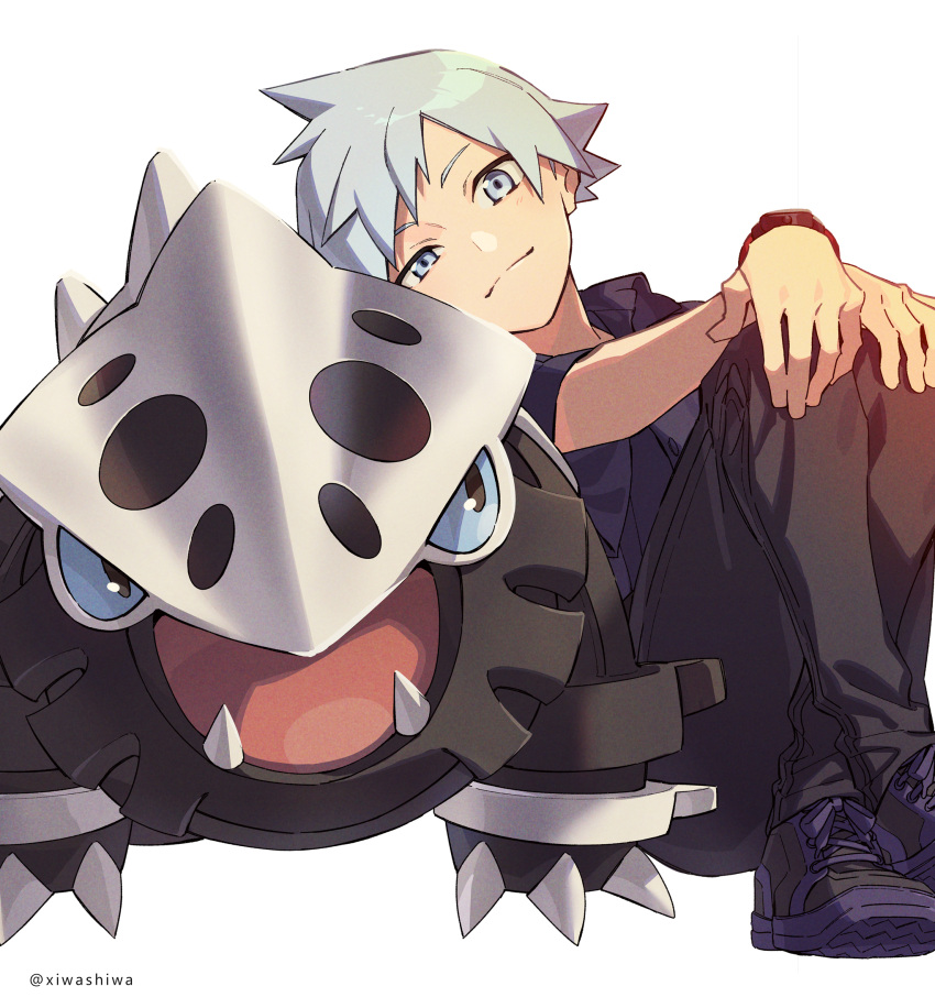 1boy bangs black_pants closed_mouth commentary_request gen_3_pokemon grey_eyes grey_hair highres lairon light_blush looking_at_viewer male_focus pants pokemon pokemon_(creature) pokemon_(game) pokemon_rse purple_footwear shirt shoes short_hair short_sleeves sitting smile spiked_hair steven_stone twitter_username white_background xia_(ryugo) younger