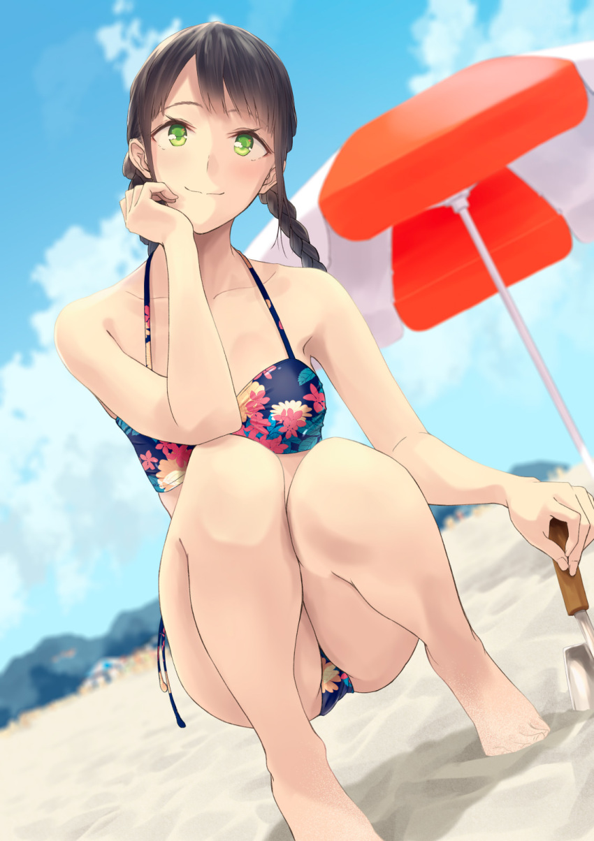 1girl arm_rest bangs bare_arms bare_legs bare_shoulders barefoot beach bikini black_bikini black_hair black_swimsuit blue_sky braid breasts cloud collarbone floral_print green_eyes halterneck highres hiwatari_rin light_blush long_hair mountainous_horizon original outdoors sand shovel side-tie_bikini sky small_breasts smile solo squatting swimsuit twin_braids twintails umbrella