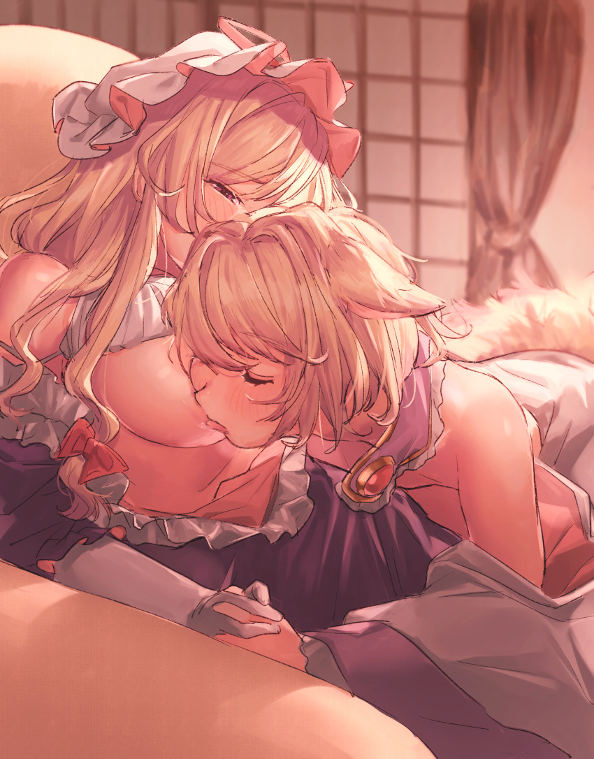 2girls animal_ears bangs bare_shoulders blonde_hair blush breast_licking breasts brooch closed_eyes commentary curtains eyebrows_visible_through_hair fox_ears gloves hat hat_ribbon highres holding_hands indoors jewelry large_breasts licking long_hair masanaga_(tsukasa) mob_cap multiple_girls no_hat no_headwear pink_ribbon ribbon short_hair tongue tongue_out touhou white_gloves white_headwear yakumo_ran yakumo_yukari yuri