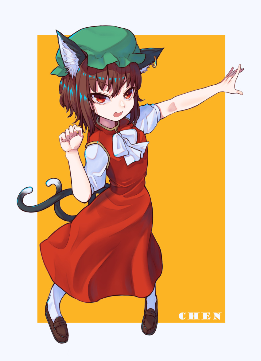 1girl :d animal_ear_fluff animal_ears bow bowtie brown_hair cat_ears cat_tail character_name chen dress fang from_above full_body gold_trim hand_up hat highres jewelry looking_at_viewer mob_cap multiple_tails nekomata open_mouth orange_background outstretched_arm red_dress red_eyes short_hair simple_background single_earring smile solo standing tail toluda touhou two_tails white_neckwear