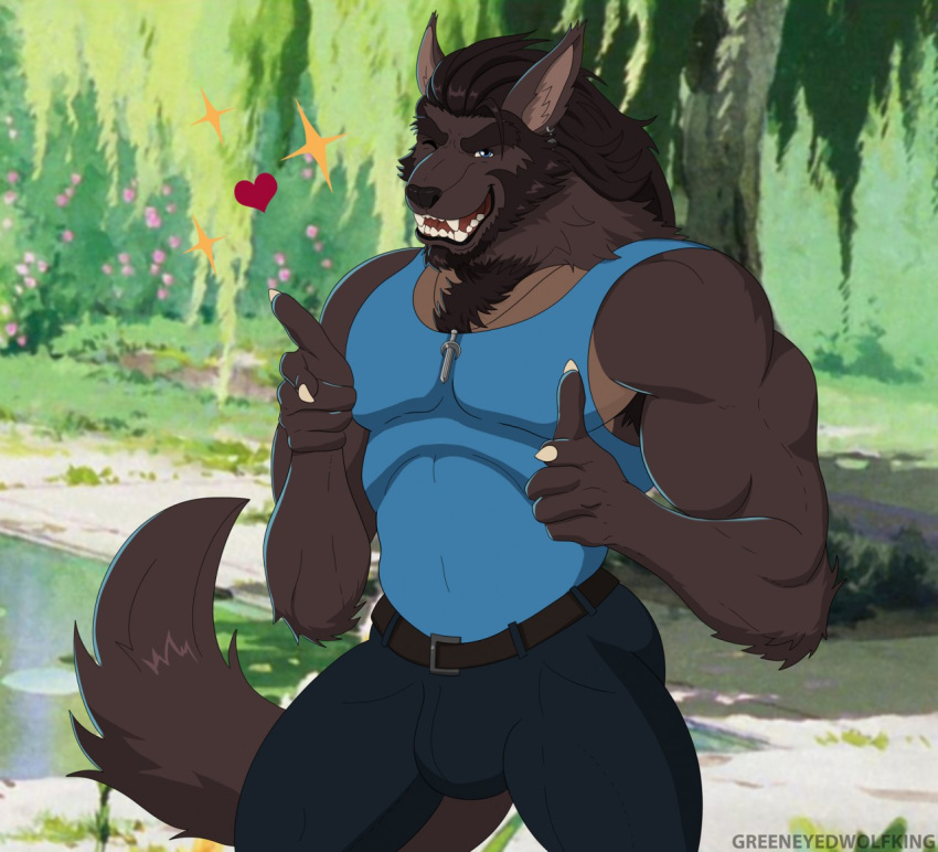 &lt;3 anthro armpit_hair belt blue_clothing blue_eyes blue_shirt blue_tank_top blue_topwear body_hair bottomwear brown_body brown_eyebrows brown_hair bulge butt canid canine canis chest_tuft clothed clothing day ear_piercing ear_ring eyebrows fangs finger_gun flower gesture greeneyedwolfking hair jewelry lily_pad looking_at_viewer male mammal multicolored_body muscular muscular_anthro muscular_male necklace open_mouth outside pants pecs piercing plant pointing pointing_at_viewer shirt smile solo standing tan_body tank_top teeth tongue topwear tree tuft two_tone_body water were werecanid werecanine werewolf willow_tree wolf