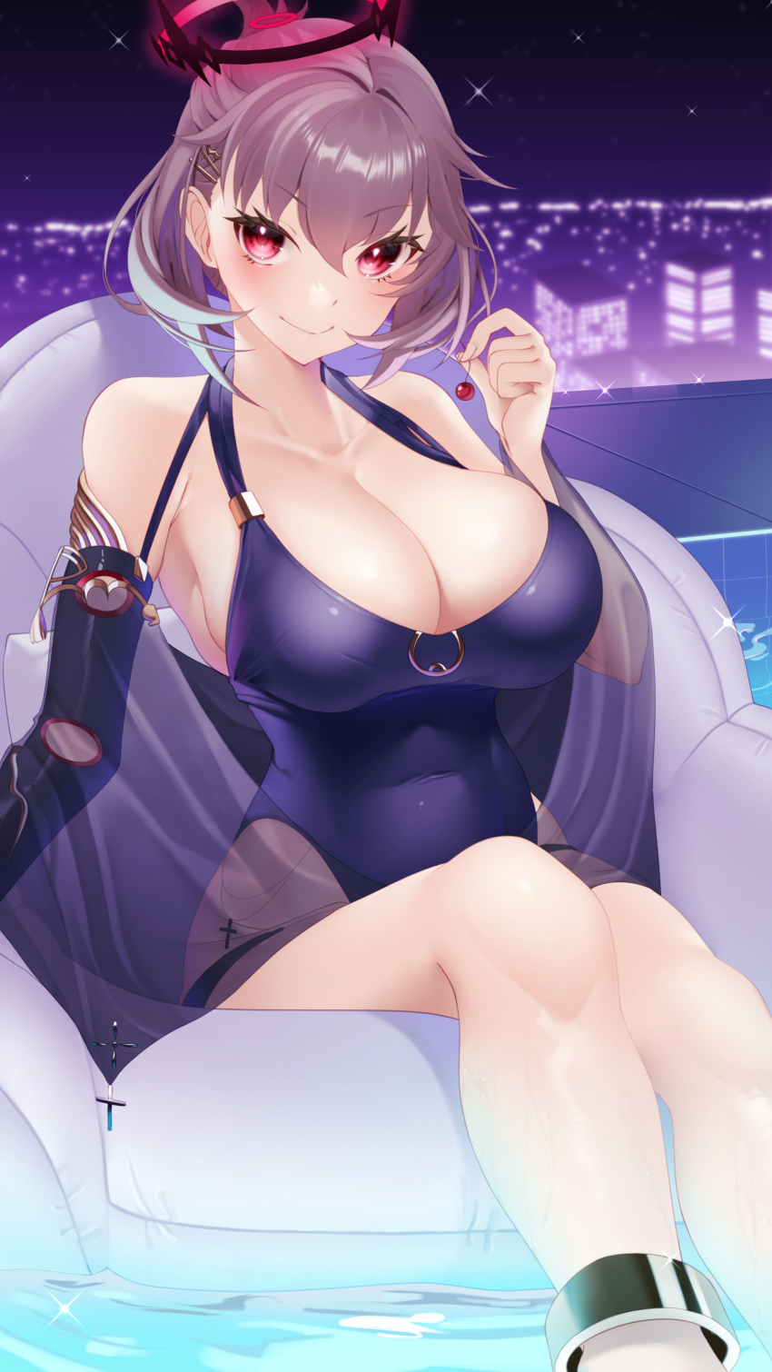 1girl absurdres anklet azur_lane bangs bare_shoulders breasts cherry cleavage closed_mouth duca_degli_abruzzi_(azur_lane) duca_degli_abruzzi_(lustrous_onyx_sirenetta)_(azur_lane) food fruit hair_behind_ear hair_between_eyes hair_ornament hairclip halo halterneck highres inflatable_chair jewelry large_breasts mechanical_arms night night_sky one-piece_swimsuit prosthesis prosthetic_arm prosthetic_hand purple_swimsuit red_eyes seele0907 silver_hair single_mechanical_arm sitting sky smile swimsuit thighs