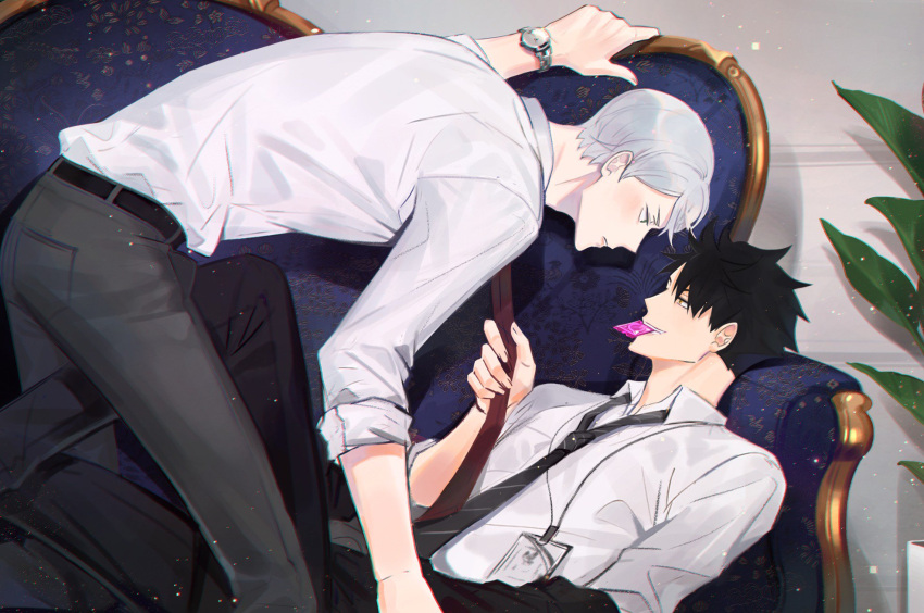 2boys bangs belt black_hair black_neckwear black_pants blush condom condom_in_mouth condom_wrapper couch dress_shirt eye_contact formal grey_hair haiba_lev haikyuu!! highres indoors kuroo_tetsurou lanyard looking_at_another lying male_focus mouth_hold multiple_boys naughty_face necktie necktie_grab neckwear_grab on_couch pants plant profile red_neckwear ri_mumu shiny shiny_hair shirt short_hair sleeves_rolled_up suit watch white_shirt wristwatch yaoi