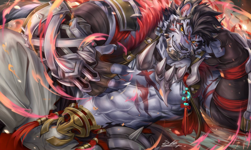 2021 abs anthro black_hair facial_scar felid fur grey_body grey_fur hair male mammal multicolored_body muscular muscular_anthro muscular_male pantherine pecs rabbity scar sdorica short_hair solo striped_body striped_fur stripes tiger yao_(sdorica)