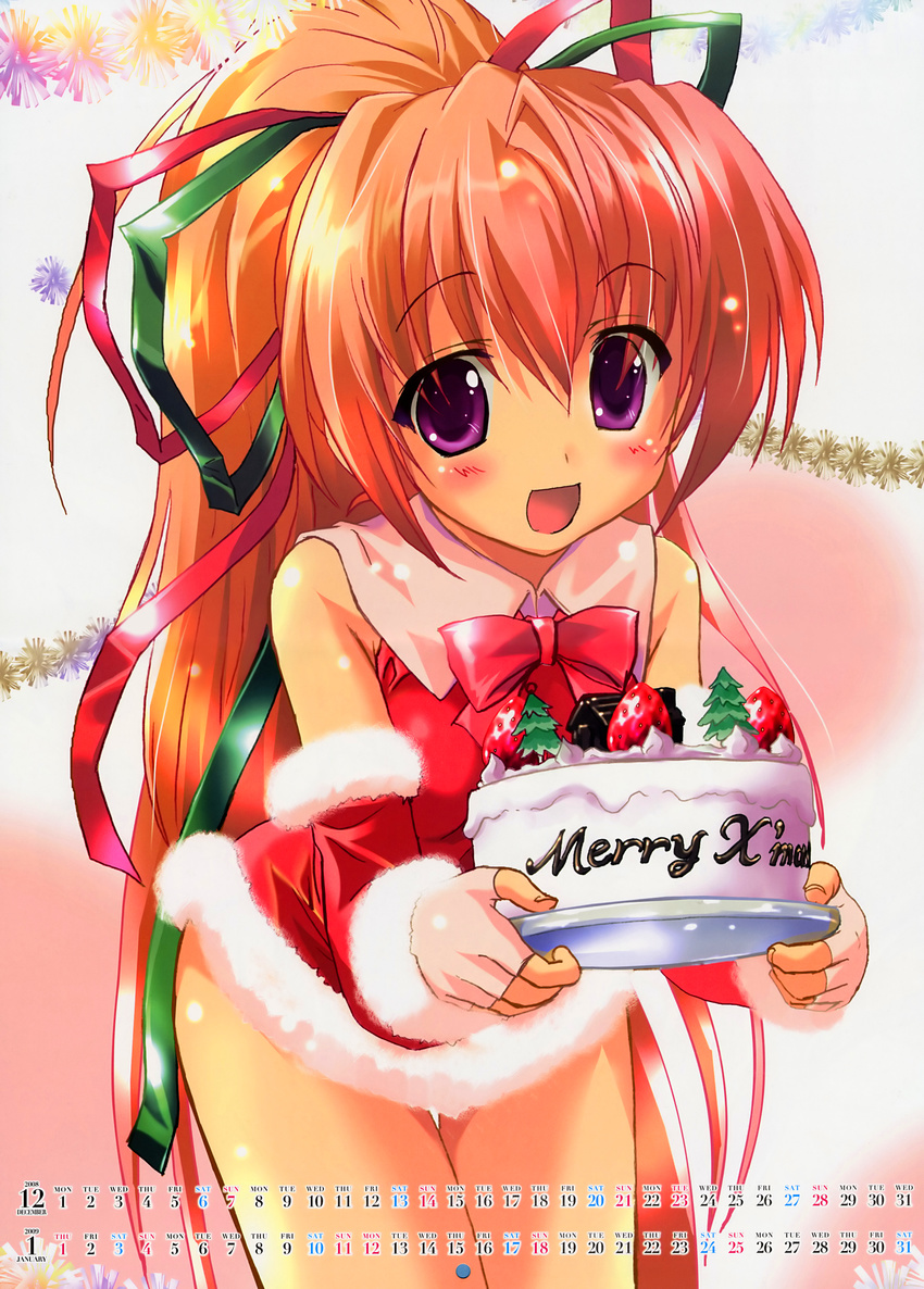 :d absurdres blush cake calendar_(medium) christmas copyright_request dress fingerless_gloves food gloves hair_ribbon highres huge_filesize komatsu_eiji long_hair looking_at_viewer merry_christmas open_mouth ponytail purple_eyes red_hair ribbon santa_costume scan smile solo star very_long_hair