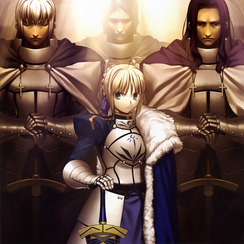 3boys absurdres ahoge armor armored_dress artoria_pendragon_(all) avalon_(fate/stay_night) bedivere blonde_hair blue_cape braid cape closed_eyes cross dress excalibur fate/stay_night fate/zero fate_(series) fur gauntlets green_eyes hair_ribbon hands_on_hilt height_difference highres king knight lancelot_(fate/zero) looking_at_viewer multiple_boys planted_sword planted_weapon ribbon saber sheath sheathed sword takeuchi_takashi weapon