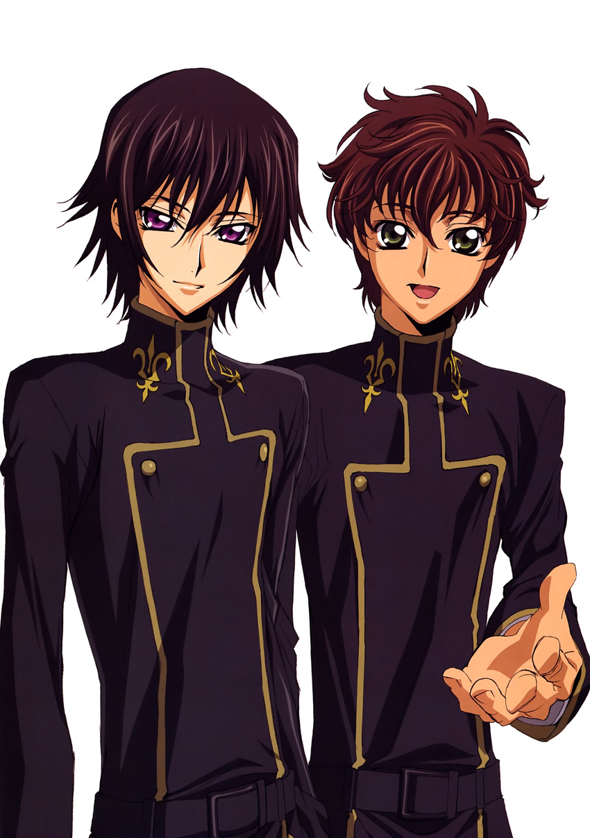 absurdres ashford_academy_uniform belt black_hair brown_hair code_geass green_eyes highres kururugi_suzaku lelouch_lamperouge male_focus multiple_boys outstretched_hand purple_eyes reaching sakou_yukie school_uniform short_hair smile turtleneck