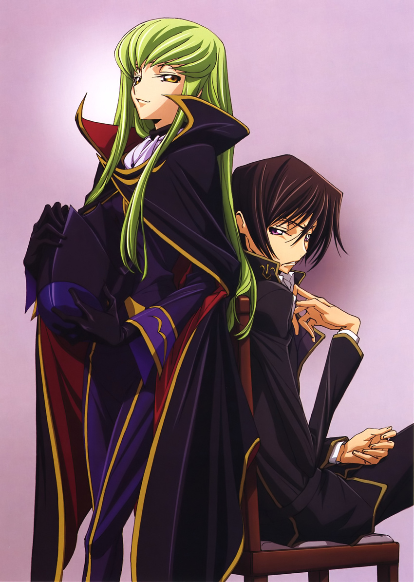 1girl absurdres ashford_academy_uniform black_hair brown_hair c.c. cape chiba_yuriko code_geass cosplay frown green_hair helmet highres lelouch_lamperouge long_hair purple_eyes scan school_uniform short_hair sitting smirk uniform yellow_eyes zero_(code_geass) zero_(code_geass)_(cosplay)