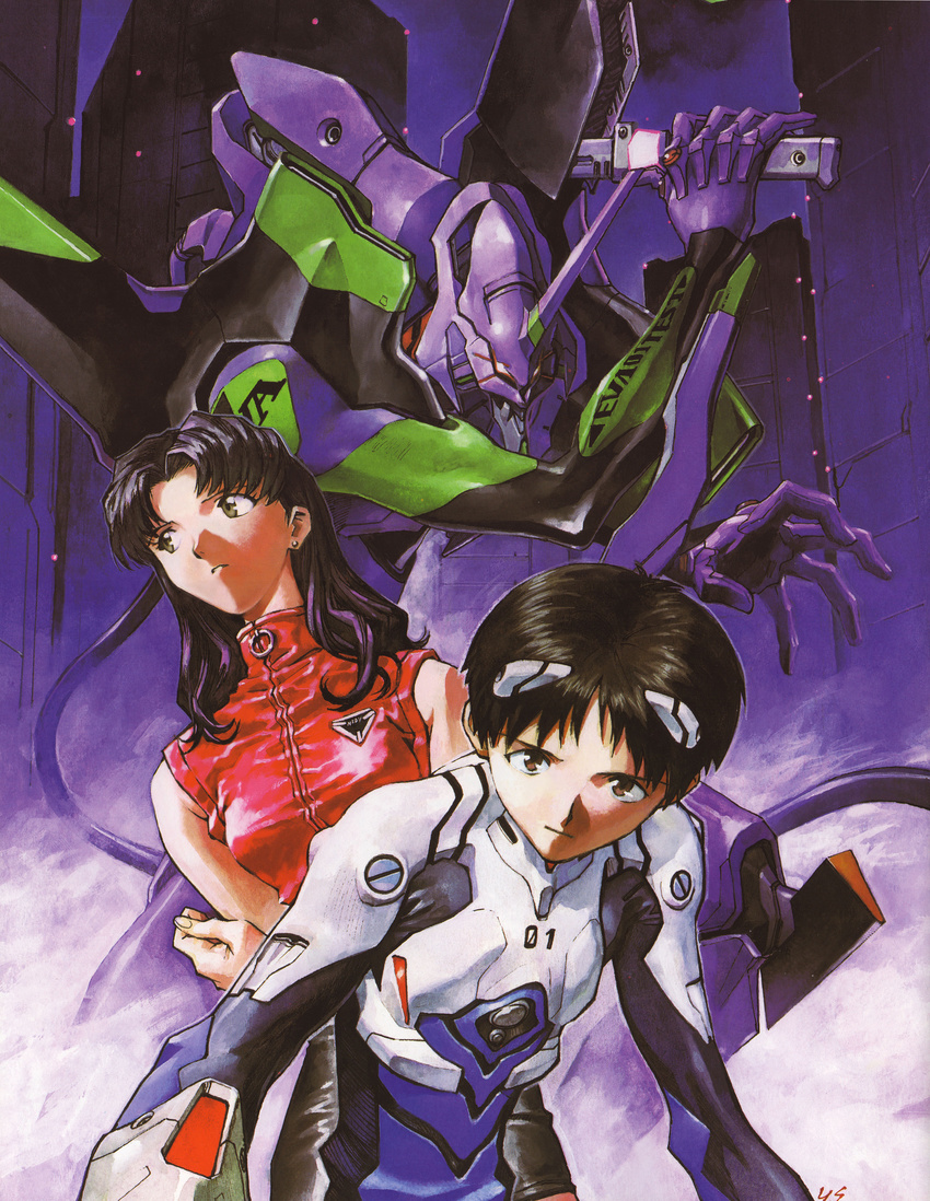 1girl absurdres black_hair bodysuit brown_eyes earrings eva_01 highres ikari_shinji jewelry katsuragi_misato long_hair mecha neon_genesis_evangelion plugsuit sadamoto_yoshiyuki scan