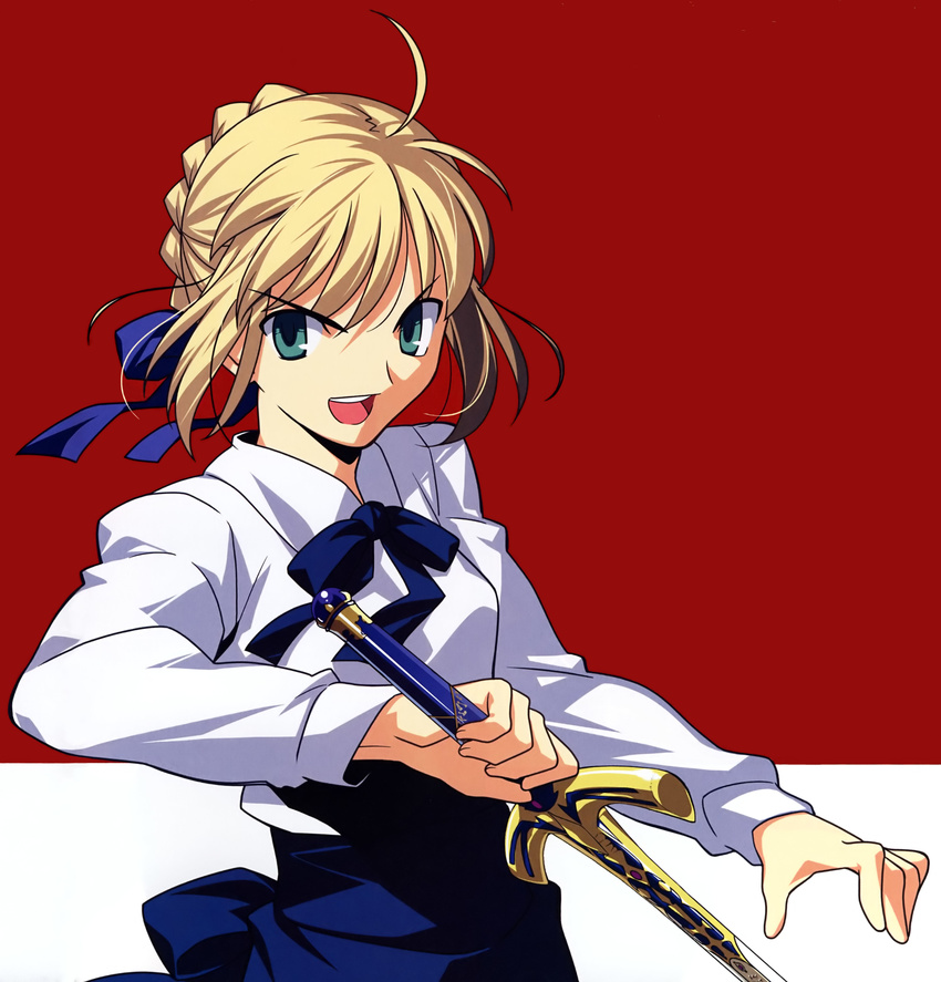absurdres ahoge artoria_pendragon_(all) blonde_hair blue_eyes fate/stay_night fate_(series) highres saber solo sword takeuchi_takashi weapon