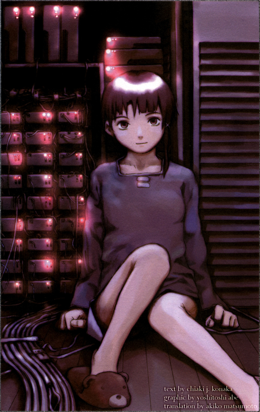abe_yoshitoshi absurdres bangs blunt_bangs brown_eyes brown_hair collarbone grey_shirt hair_ornament hairclip highres iwakura_lain knee_up light_smile long_sleeves looking_at_viewer official_art scan serial_experiments_lain shiny shiny_hair shirt short_hair single_sidelock sitting sitting_on_floor skirt solo wire