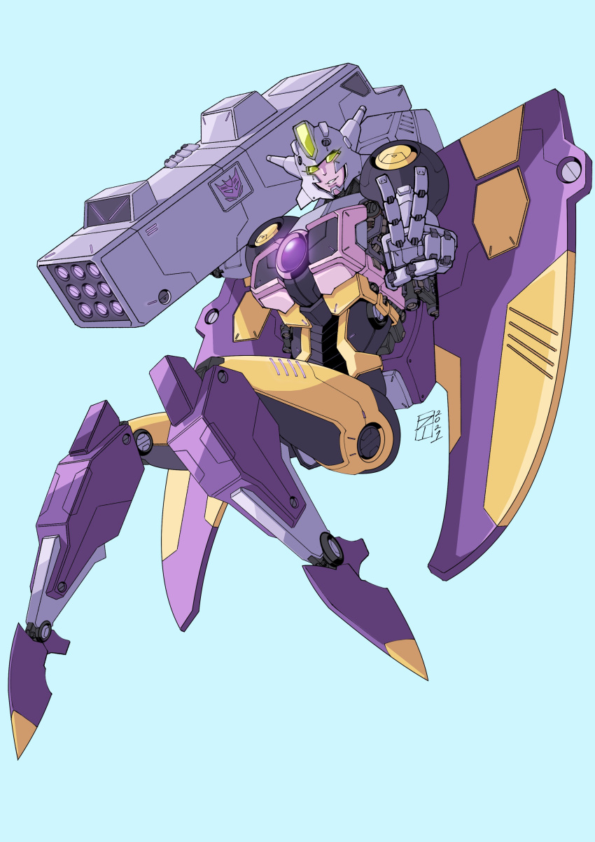 1girl absurdres blue_background commission decepticon highres insignia lextodrawstuff looking_at_viewer mecha missile_pod no_humans parted_lips science_fiction smile thunderblast transformers transformers_cybertron v yellow_eyes