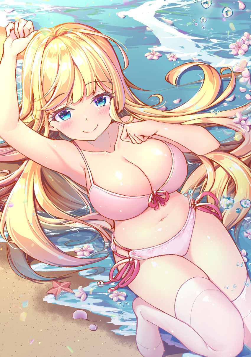 1girl absurdres bikini blonde_hair blush breasts c: cleavage eyebrows_visible_through_hair highres hikotou_(sao73cat) large_breasts looking_at_viewer navel original pink_bikini smile solo stomach swimsuit water