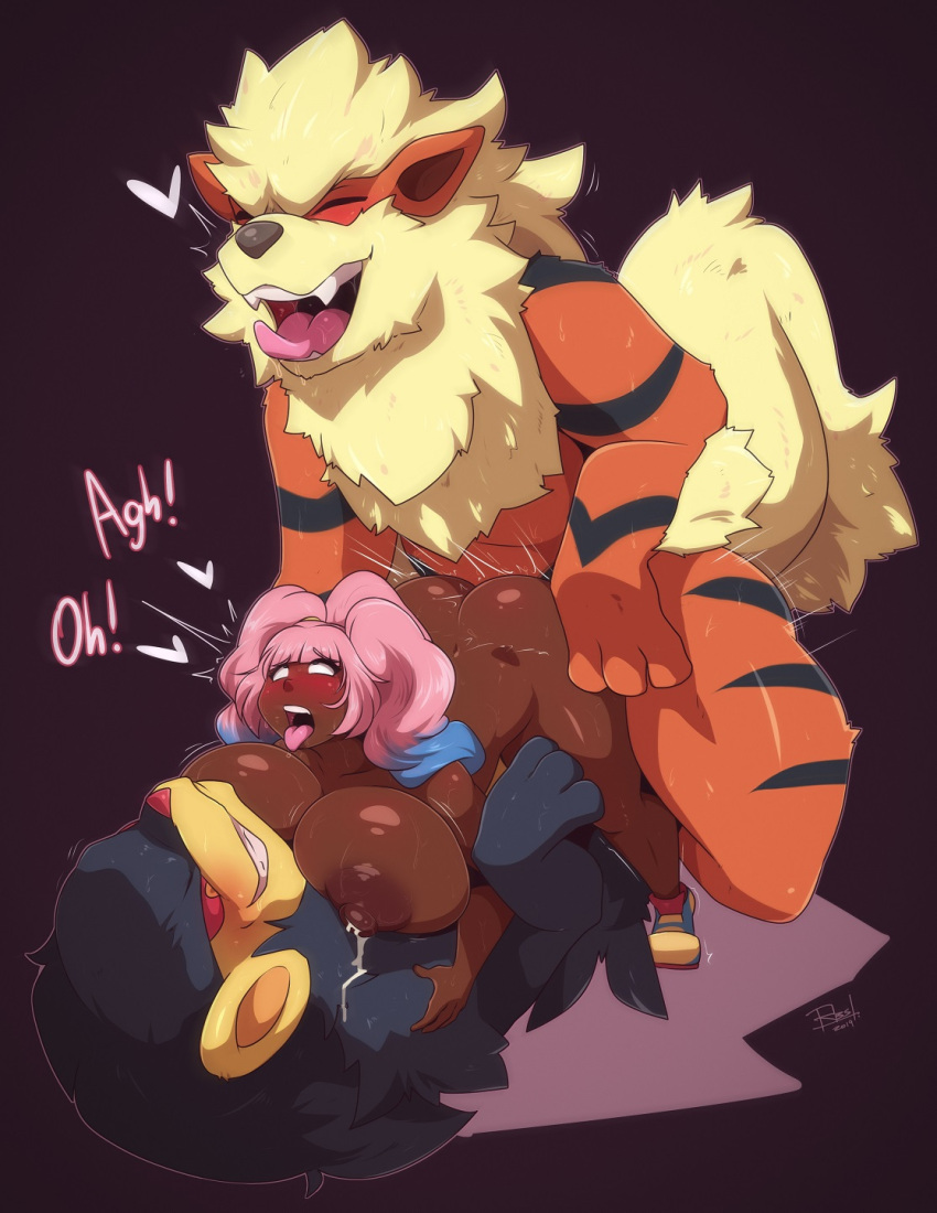 &lt;3 ahegao all_fours ambiguous_penetration arcanine bestiality big_breasts blush bodily_fluids breasts butt dark_body dark_skin dialogue doggystyle english_text erect_nipples female female_on_feral feral feral_penetrating feral_penetrating_female feral_penetrating_human from_behind_position fucked_silly group group_sex hair hi_res human human_on_feral human_penetrated interspecies lactating looking_pleasured luxray male male/female mammal milk ming-ming mounting nintendo nipples open_mouth penetration pink_hair pok&eacute;mon pok&eacute;mon_(species) pok&eacute;philia rbst sex text threesome tongue tongue_out video_games