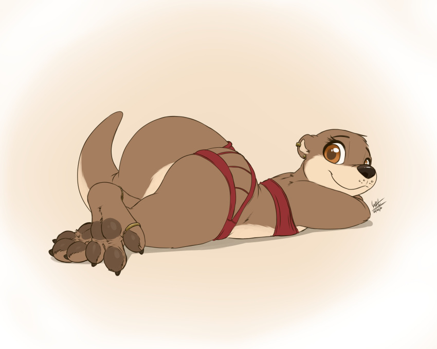 2021 3_toes anthro black_nose brown_body brown_fur feet female fur hi_res looking_at_viewer louart lutrine lying mammal mustelid on_front signature smile solo toes
