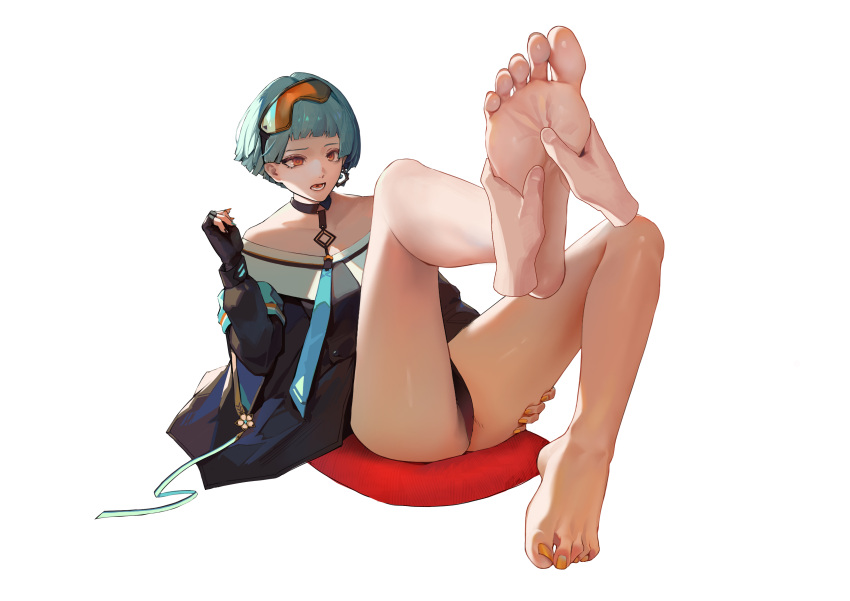 1girl 1other absurdres bare_shoulders barefoot black_gloves black_panties blue_hair commentary disembodied_limb earrings english_commentary feet fingerless_gloves foot_focus foot_massage girls_frontline gloves goggles goggles_on_head highres holding_another's_foot jewelry long_sleeves nail_polish open_mouth orange_eyes panties rocher-hd short_hair single_earring single_glove sitting soles toes underwear white_background zas_m21_(girls_frontline)