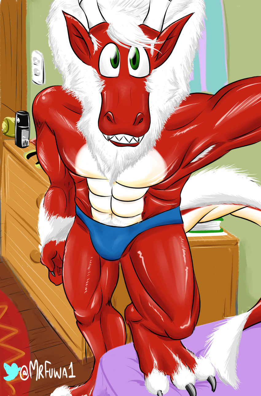 abs absurd_res anthro barefoot bed bedroom blue_clothing blue_underwear briefs claws clothing door dragon feet fur furniture furred_dragon glistening glistening_body green_eyes hi_res horn humanoid_pointy_ears looking_at_viewer male mr_fuwa muscular muscular_anthro muscular_male red_body scalie selfie smile smiling_at_viewer solo tail_tuft toe_claws toes tuft underwear white_body white_fur