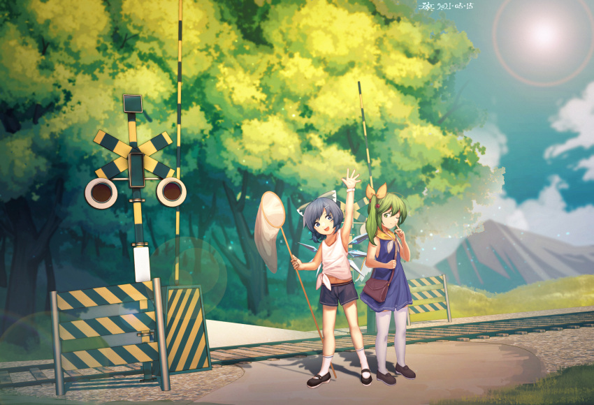 2girls :d ;) alternate_costume arm_up bag bare_arms barricade black_footwear blue_bow blue_dress blue_eyes blue_hair blue_shorts blurry blurry_background bow brown_footwear butterfly_net calf_socks chinese_commentary cirno closed_mouth commentary_request contemporary daiyousei dated day denim denim_shorts dress fairy_wings finger_to_cheek forest furahata_gen green_eyes green_hair hair_bow hair_ornament hairclip hand_net hand_up handbag highres holding lens_flare loafers looking_at_viewer mary_janes mountain multiple_girls nature one_eye_closed one_side_up open_mouth outdoors partial_commentary pinafore_dress pointing pointing_up railroad_crossing railroad_signal railroad_tracks sailor_collar shadow shirt shoes short_hair shorts sidewalk signature sleeveless sleeveless_dress sleeveless_shirt smile standing summer sun thighhighs tied_shirt touhou white_legwear white_shirt white_wristband wide_shot wings wristband yellow_sailor_collar