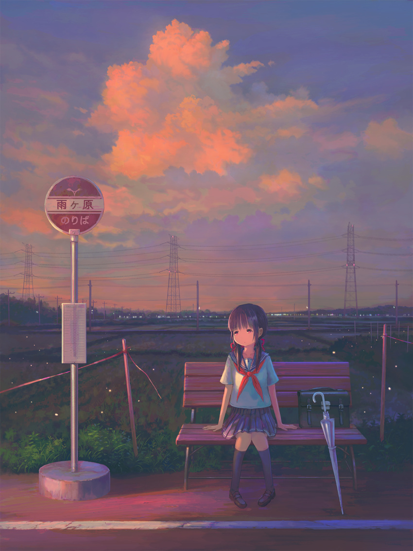 1girl bag bag_removed bangs bench black_legwear blue_skirt blue_sky blunt_bangs brown_footwear bus_stop cloud cloudy_sky commentary_request evening feel_(nasitaki) grass hair_ribbon highres kneehighs knees_together_feet_apart light_particles loafers long_hair on_bench original outdoors pigeon-toed pleated_skirt power_lines red_eyes red_neckwear red_ribbon ribbon rice_paddy road_sign rural scenery school_uniform serafuku shoes short_sleeves sign sitting sitting_on_bench skirt sky solo translation_request transmission_tower transparent transparent_umbrella twintails umbrella utility_pole white_serafuku wide_shot