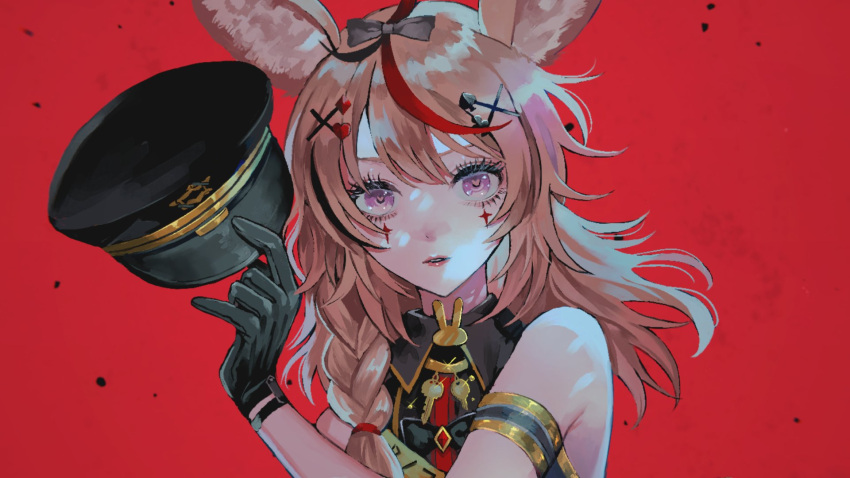 1girl animal_ear_fluff animal_ears arm_strap bangs black_bow black_gloves black_headwear blonde_hair bow braid commentary english_commentary fox_ears fox_girl gloves hair_bow hat hat_removed headwear_removed heart heart_in_eye highres holding holding_clothes holding_hat hololive key maria_(mravw) milgram mixed-language_commentary official_art omaru_polka parted_lips pink_eyes red_background solo symbol_in_eye upper_body virtual_youtuber