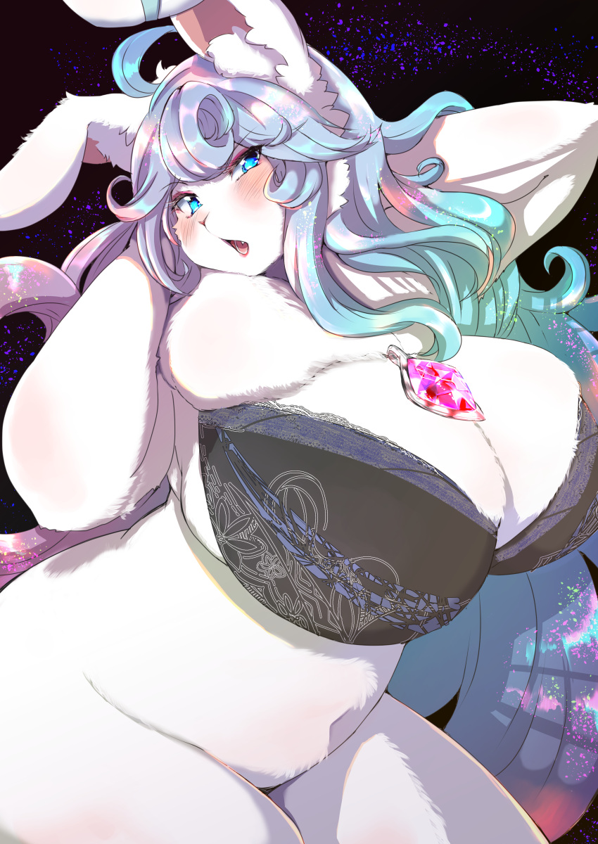 2021 absurd_res ahoge anthro big_breasts blue_eyes blue_hair blush bottomless bra breasts clothed clothing curvy_figure cute_fangs female fluffy fur hair hi_res huge_breasts inner_ear_fluff jewelry kemono lagomorph leporid long_hair looking_at_viewer mammal navel neck_tuft necklace open_mouth portrait rabbit shikibetsuko solo three-quarter_portrait tongue tuft underwear voluptuous white_body white_fur