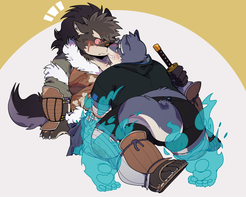 absurd_res anthro blush canid canine canis clothing domestic_dog duo footwear fur grey_body grey_fur hair hi_res katana kissing long_hair male male/male mammal melee_weapon musclegut ponytail quanjiang samurai sandals scar shino_(housamo) sword tokyo_afterschool_summoners video_games warrior weapon