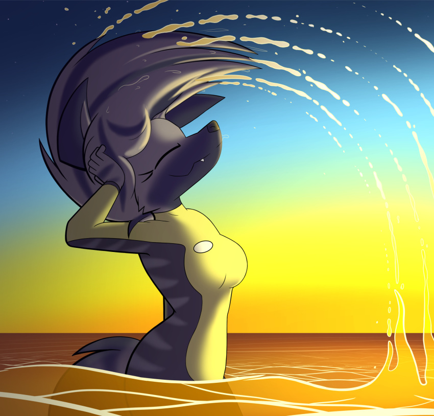 anthro bloodline bloodline_(webcomic) clothed clothing female fur hair_flip hi_res hyaenid mammal outside seaside sky smile solo stripes sunset swimwear vivian_(bloodline) w0lfmare water wetsuit