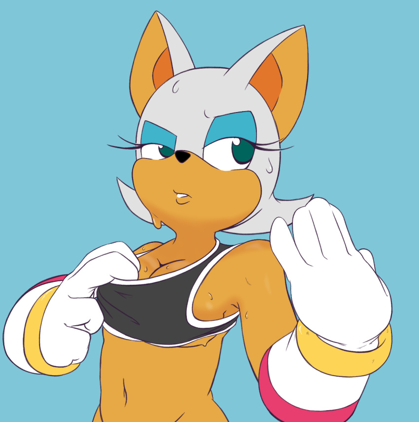 2020 anthro blue_background bodily_fluids bra bra_pull breasts chiropteran cleavage clothed clothing clothing_pull exhausted female four-pundo gloves half-length_portrait handwear heat_(temperature) hi_res mammal overheated portrait rouge_the_bat simple_background solo sonic_the_hedgehog_(series) sports_bra sweat sweaty_breasts sweaty_face underwear underwear_pull