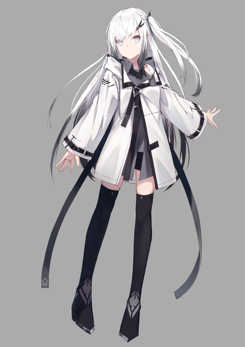 1girl allial_(coefont) black_legwear black_shorts closed_mouth coat coefont_studio grey_background grey_eyes hair_ornament hairclip highres hood hood_down hooded_coat long_hair long_sleeves looking_at_viewer micro_shorts nagishiro_mito one_side_up shorts simple_background solo thighhighs white_coat white_hair
