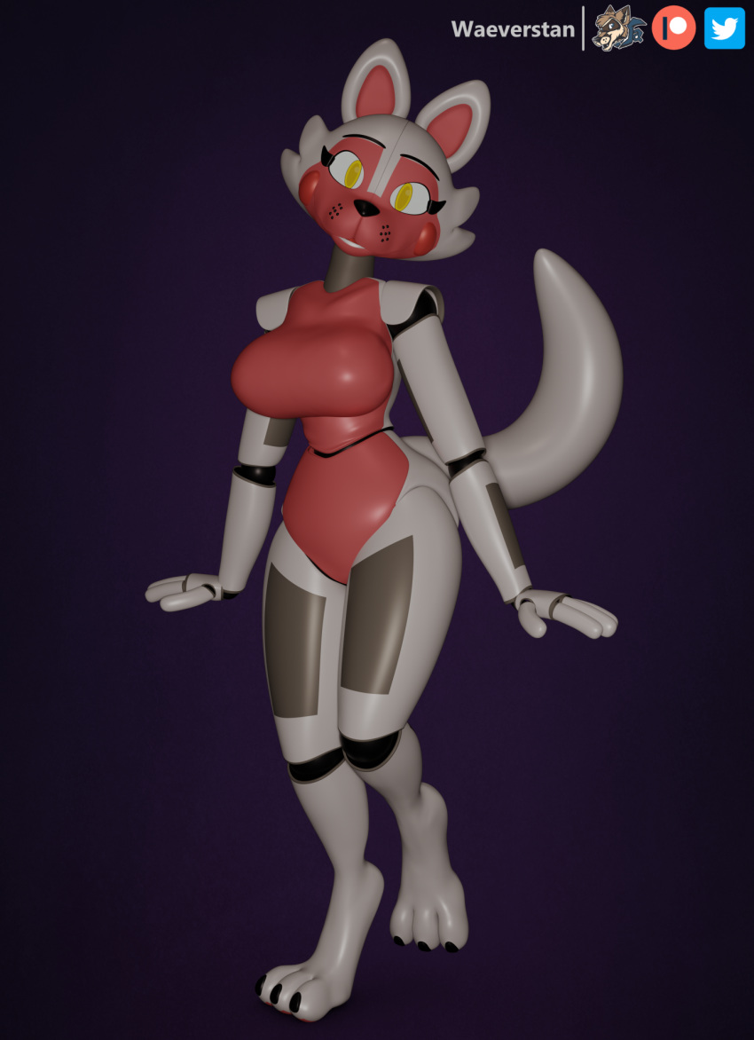 3_toes 3d_(artwork) animatronic anthro breasts canid canine digital_media_(artwork) eyelashes feet female five_nights_at_freddy's five_nights_at_freddy's_2 foxy_(fnaf) funtime_foxy_(fnaf) happy hi_res looking_at_viewer machine mammal paws pink_body pink_breasts purple_background robot simple_background solo toes video_games waeverstan white_body white_tail